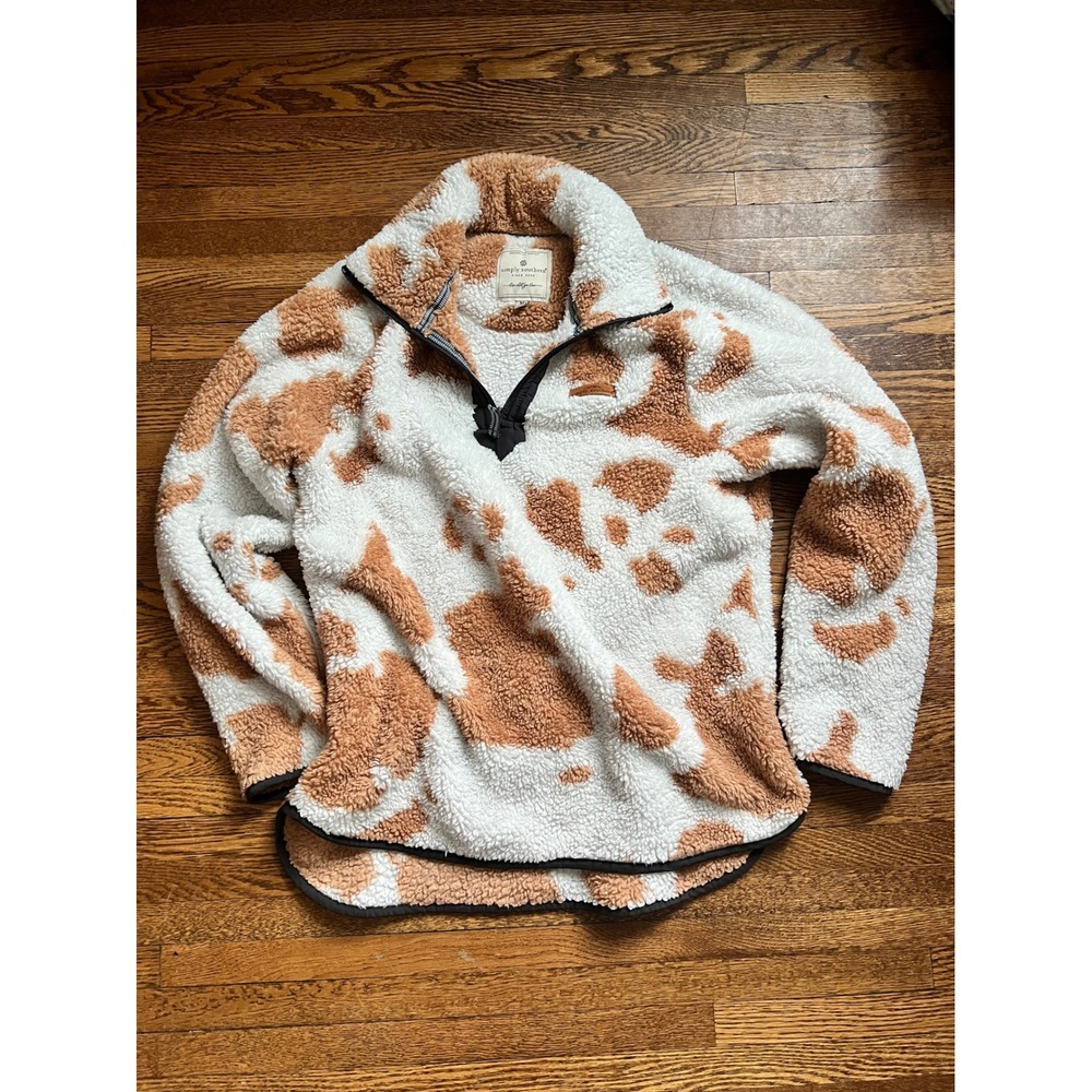 Simply Southern Cow Print Sherpa Fleece Pullover Tan White Quarter Zip Womens M